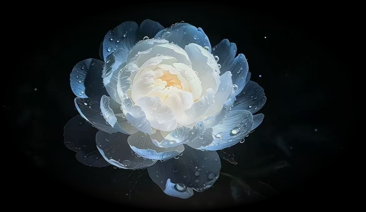 A white lotus opening, photographed against darkness